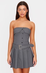 Grey Pinstripe Tailored Bandeau Belt Pleated Shift Dress