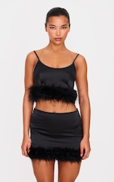 Black Textured Satin Feather Trim Strappy Top