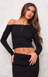 Black Asymmetric Neck Rib Long Sleeve Top