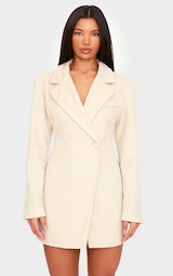 Cream Wool Look Cinched Waist Blazer Dress