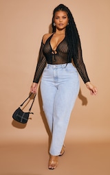 Plus Black Sheer Knit Bodysuit With Sleeves