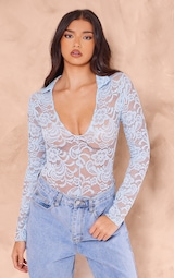 Baby Blue Lace V Neck Long Sleeve Bodysuit