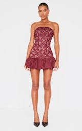 Burgundy Floral Textured Bandeau Puffball Hem Shift Dress