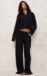  Black Textured Pleated Wide Leg Trousers