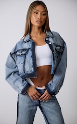 Indigo Blue Wash Contrast Edge Washed Down Cropped Denim Jacket