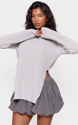 Grey Round Neck Side Split Knit Jumper