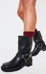 Black PU Round Toe Buckle Harness Detail Ankle Boots