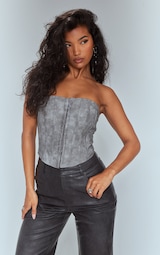 Charcoal Washed Faux Leather Hook And Eye Structured Corset