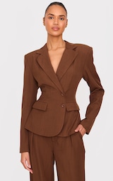 Chocolate Tailored Woven Plunge Cinched Waist Blazer