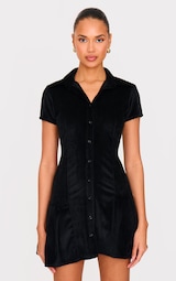 Black Cord Button Down Cap Sleeve Pleated Hem Shift Dress