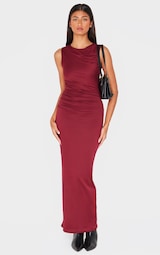 Burgundy Double Contour Ruched Detail Maxi Dress