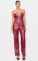 Burgundy Croc Faux Leather Bandeau Plunge Straight Leg Jumpsuit