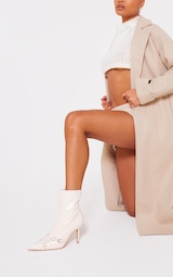 Cream Wide Fit Faux Leather Point Toe Buckle Detail Tab Ankle Heeled Boots