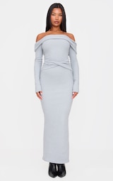 Grey Ribbed Bardot Wrap Detail Maxi Dress