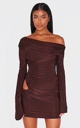 Chocolate Double Slinky Asymmetric Cut Out Mini Dress