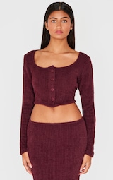 Burgundy Textured Soft Rib Square Neck Button Crop Top