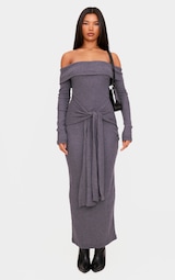 Charcoal Heavy Brushed Rib Bardot Wrap Detail Maxi Dress