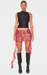 Burgundy Frilly Sequin Draping Detail Mini Skirt