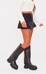 Black PU Round Toe Fold Over Chunky Knee High Boots