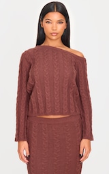 Chocolate Cable Knit Asymmetric Neckline Oversized Jumper