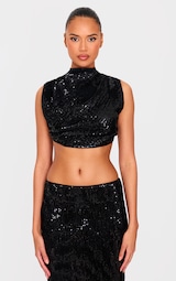 Black Sequin Tie Back High Neck Cowl Crop Top