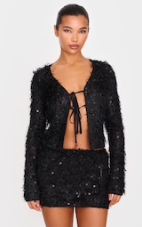 Black Sequin Eyelash Tie Plunge Top