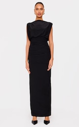 Black Double Layered Slinky Ruched Fold Over Maxi Dress