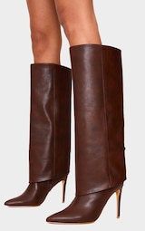 Distressed Chocolate PU Point Toe Fold Over High Heeled Calf High Boots