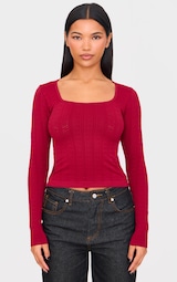 Burgundy Contour Pointelle Square Neck Long Sleeve Top