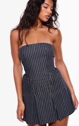 Navy Pinstripe Denim Pleated Bandeau Skater Dress