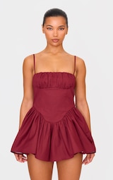 Burgundy Woven Dipped Waist Strappy Playsuit