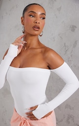 White Contour Rib Bardot Thumbhole Bodysuit