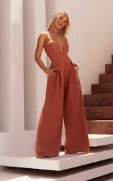 PLT Label Rust Plunge Wide Leg Jumpsuit