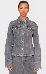 Grey Long Sleeve Cinch Waist Denim Jacket