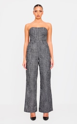 Washed Grey Studded Diamante Denim Bandeau Wide Leg Jumpsuit