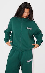 Dark Green Embroidered Athletics Contrast Panel Zip Through Sweatshirt