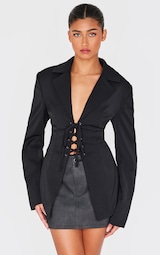 Black Lace Up Tie Front Blazer