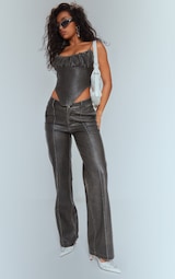 Premium Dark Brown Washed Faux Leather Dip Waist Flared Trousers