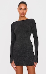 Black Glitter Knitted Open Back Long Sleeve Top