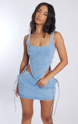 Petite Light Blue Denim Lace Up Corset Top