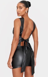 Black Faux Leather Seam Detail Open Back Long Top