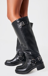 Black PU Wide Fit Square Toe Double Buckle Block Heel Knee High Boots