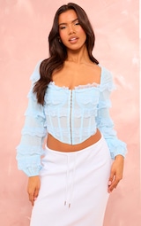 Blue Textured Woven Lace Frill Corset Top