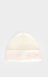 Cream Bow Detail Ribbed Beanie