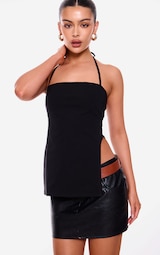 Black Stretch Woven Split Asymmetric Hem Long Top