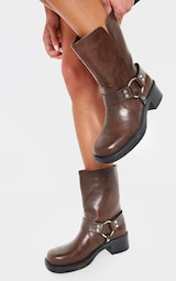 Brown PU Round Toe Buckle Harness Detail Ankle Boots