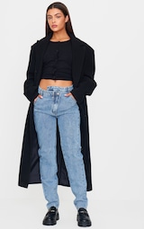 Light Blue Wash Asymmetric Waistband Long Straight Leg Jeans