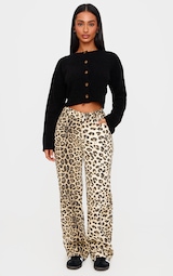 Petite Brown Denim Leopard Print Straight Leg Jeans