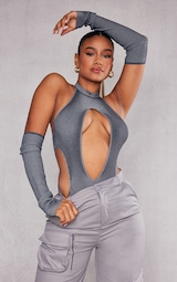 Charcoal Two Tone Knit Cut Out Bodysuit With Sleeves