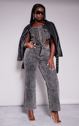 Plus Grey Acid Wash Belt Detail Wide Leg Jeans